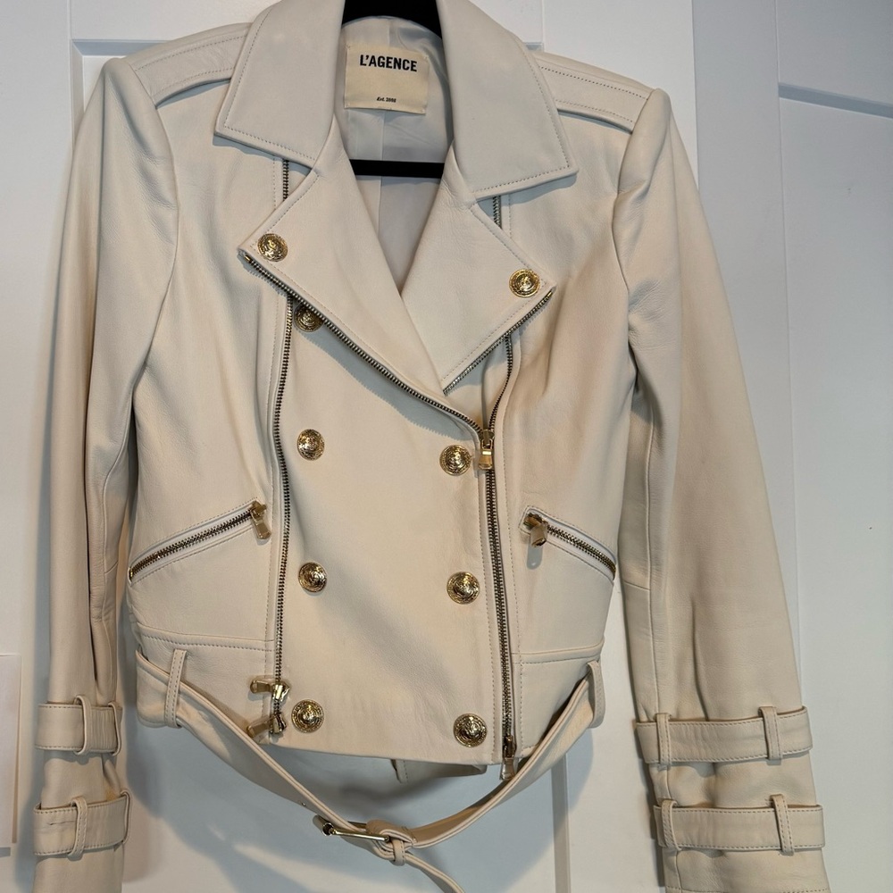 L'AGENCE Cream Double-Breasted Leather Jacket - Picture 4 of 5